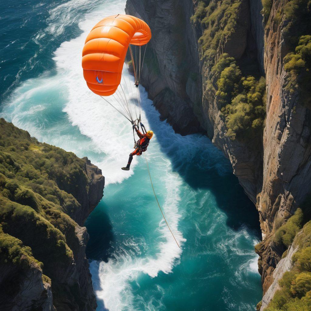 An adventurous athlete soaring through the air while bungee jumping off a cliff, with vibrant landscapes in the background depicting various adventure sports like rock climbing, surfing, and paragliding. Visual elements should highlight safety gear, insurance documents, and symbols of protection such as shields or lifebuoys integrated within the scene. The overall atmosphere should exude excitement and thrill. super-realistic. vibrant colors. white background.