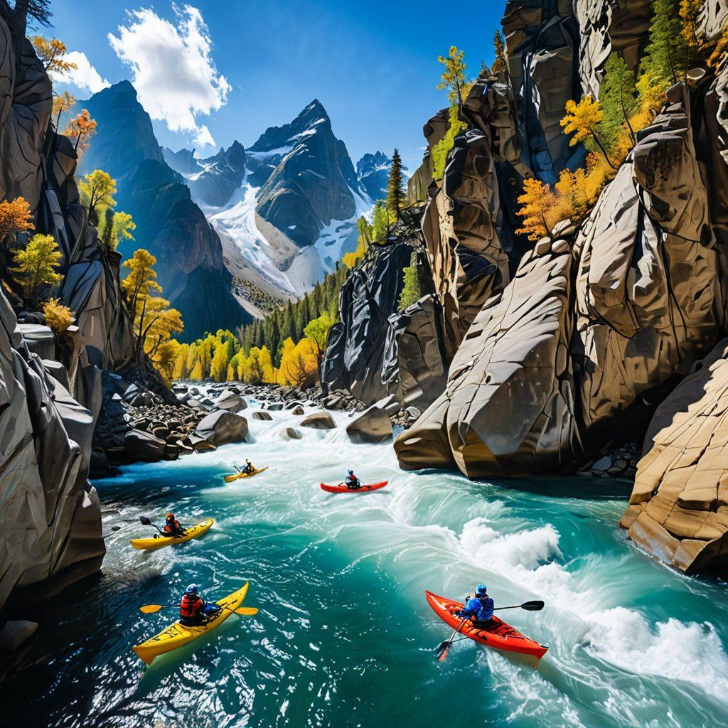 A breathtaking mountain landscape showcasing a group of adventurers engaged in extreme outdoor activities like rock climbing and white-water rafting. In the foreground, display various specialty insurance documents artistically intertwined with climbing gear and kayak paddles. The sky is clear with vibrant colors capturing the thrill of adventure. Emphasize a blend of nature and safety in exploration. super-realistic. vibrant colors. outdoor scene.
