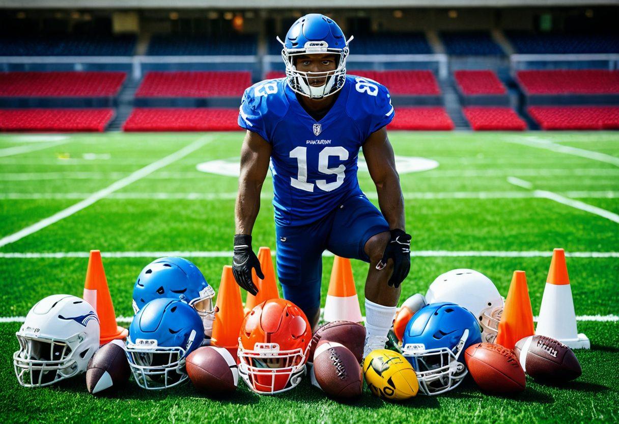 A confident athlete standing on a football field, surrounded by various sports equipment and insurance documents, symbolizing the balance between risk and safety. In the background, subtle graphics of protective gear and a shield representing liability coverage. The scene conveys a sense of professionalism and awareness, engaging the reader in athletic insurance concepts. vibrant colors. super-realistic.